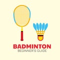 Badminton colorful racket with shuttlecock kit. Colorful beginner badminton equipment. Vector illustration with text isolated