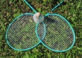 Badminton rackets in grass Royalty Free Stock Photo