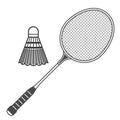 Badminton racquet and shuttlecock, badminton ball with feather and rocket, emblem Royalty Free Stock Photo