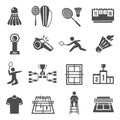 Badminton racquet, shuttlecock, court bold black silhouette icons set isolated on white. Royalty Free Stock Photo