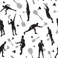 Badminton seamless pattern with badminton player black silhouettes, vector illustration