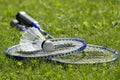 Badminton set on grass Royalty Free Stock Photo