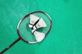 badminton shuttlecock and racket on court, selective focus