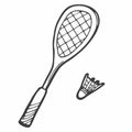 Badminton. Shuttlecock and racket. Sports and recreation. Doodle. Vector. Hand-drawn illustration. Coloring. Black and white Royalty Free Stock Photo