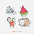 badminton shuttlecock, watermelon fruit peace, lemon lime juice, bread toast doodle icon. Sport Fitness and healthy life Sticker