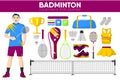 Badminton sport equipment game player garment accessory vector icons set Royalty Free Stock Photo