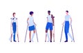Badnaged injury concept. Vector flat patient character illustration set. Broken leg. Man and woman standing with injured foot in