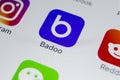 Badoo application icon on Apple iPhone X screen close-up. Badoo app icon. Badoo is an online social media network. Social media