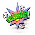 Badoom comic explosion bubble in popart vintage style. Cartoon style vector. Vector comic funny explosion. Wow effect Royalty Free Stock Photo