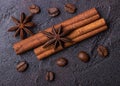 Badyan, cinnamon and coffe grains on a dark concrete background Royalty Free Stock Photo