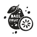 Bael fruit grunge sticker. Black texture silhouette with lettering inside. Imitation of stamp, print with scuffs