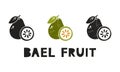 Bael fruit, silhouette icons set with lettering. Imitation of stamp, print with scuffs. Simple black shape and color vector