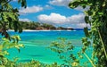 Baeutiful tropical caribbean jamaican blue turquoise lagoon, white lonely paradise sand beach - Port Antonio, San San Beach, Royalty Free Stock Photo