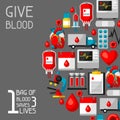 1 bag of blood saves 3 lives. Background with blood donation items. Medical and health care objects Royalty Free Stock Photo