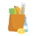 Bag cheese bottle bread banana and lettuce, food delivery in grocery store