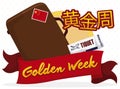 Bag with Chinese Stamp, Ribbon and Plane Ticket for Golden Week, Vector Illustration