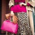 Bag close-up in female hands. Stylish modern and feminine image, style. Girl with gloves in a coat and with a pink bag Royalty Free Stock Photo