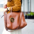 Bag close-up in female hands. Stylish modern and feminine image, style. Girl in a jacket with a leather brown bag Royalty Free Stock Photo