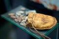 Bag with cocoa seeds used as coins. Royalty Free Stock Photo