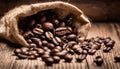 A bag of coffee beans on a wooden table