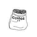 A bag of coffee grains.  illustration. Isolated elements on white background. Black and white graphics. Hand drawn. Royalty Free Stock Photo