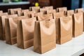 Bag collection: Assorted brown paper bags arranged gracefully on the table\'s surface.