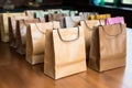 Bag collection: Assorted brown paper bags arranged gracefully on the table\'s surface.