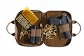 Bag containing a 9 mm pistol with magazines and a box of ammunition on a white background. Top view tactical hand gun Glock. Pis