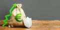 Bag with the Euro sign, green up arrow and metal shield. Euro zone. concept of growth and protection of investments, guarantee Royalty Free Stock Photo