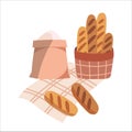 A bag of flour and a basket of fresh bread on a checkered tablecloth. Vector illustration Royalty Free Stock Photo