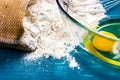 A bag of flour and egg yolks in a glass bowl. Close-up. Ingredients for the test. Royalty Free Stock Photo