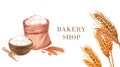 Bag with flour and wooden bowl with wheat flour, wooden scoop and grain and spikelets. Watercolor hand drawn Royalty Free Stock Photo
