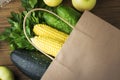 Paper bag vegetables and fruit on the dark wooden background with copy space top view