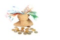 Bag full of euro money notes and coins Royalty Free Stock Photo