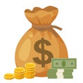 Bag full money with dollar sign, gold coins, paper money. Cartoon style vector illustration