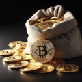 A bag of gold bitcoin coins on black background. ai generative Royalty Free Stock Photo