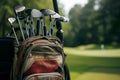 A bag of golf clubs sitting on top of a well-maintained green, ready to be used for a game, A golf club bag filled with various