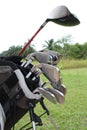 A bag of golf driver and stell irons