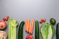 Bag of healthy vegetables on a gray background with copy space. Banner Online shop concept