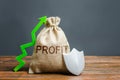 Bag with the inscription Profit, green up arrow and silver shield. concept of growth and protection of investments and income