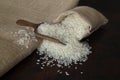 Bag with long rice and spoon stands on wooden background Royalty Free Stock Photo