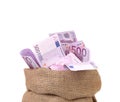 Bag with many euro banknotes. Royalty Free Stock Photo