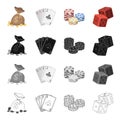 A bag of money, a deck of cards, chips in the casino, dice, cubes. Casino set collection icons in cartoon black Royalty Free Stock Photo