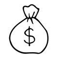 Bag of money with dollar sign. Vector illustration in doodle style. Black and white symbol of bag with cash Royalty Free Stock Photo