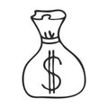 A bag of money with a dollar symbol. Doodle style. Symbol of wealth, Bank, capital. A simple black and white illustration is hand Royalty Free Stock Photo