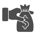 Bag of money in the hands solid icon. Donation vector illustration isolated on white. Cash glyph style design, designed Royalty Free Stock Photo