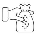 Bag of money in the hands thin line icon. Donation vector illustration isolated on white. Cash outline style design Royalty Free Stock Photo