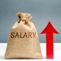 A bag with money and the inscription Salary and up arrow. increase of salary, wage rates. promotion, career growth. raising the Royalty Free Stock Photo