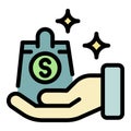 Bag of money in the palm icon color outline vector Royalty Free Stock Photo