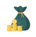 A bag of money and a pile of gold coins isolated on a white background. Flat vector illustration Royalty Free Stock Photo